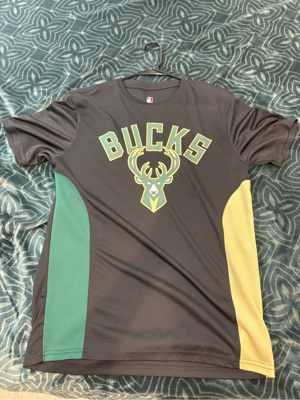 NBA Milwaukee Bucks Black Tee with Green and Gold Accents
